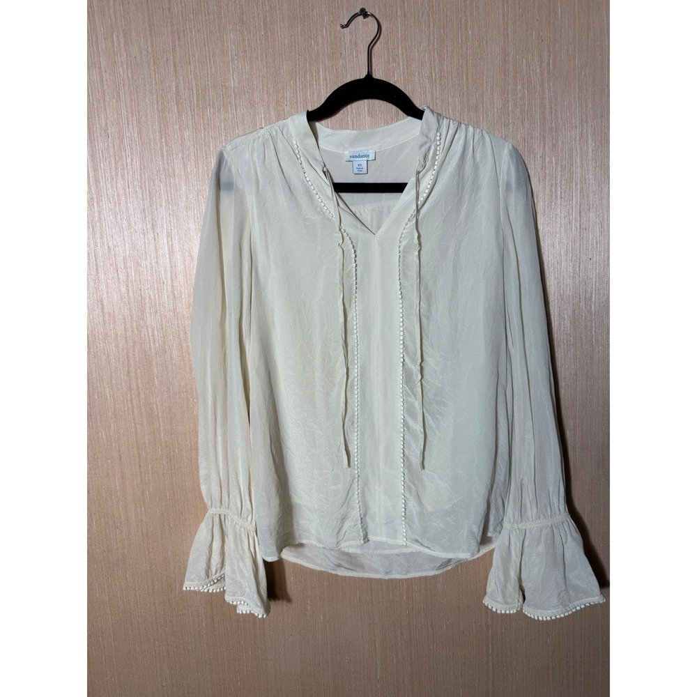 Sundance Women XS Cream 100% Silk Pom Pom Trim Bell Sleeve V-Neck Blouse Top